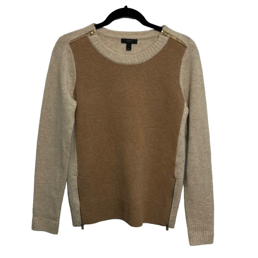 J. Crew Camel Color Block Crewneck Sweater with Gold Zippers size small
